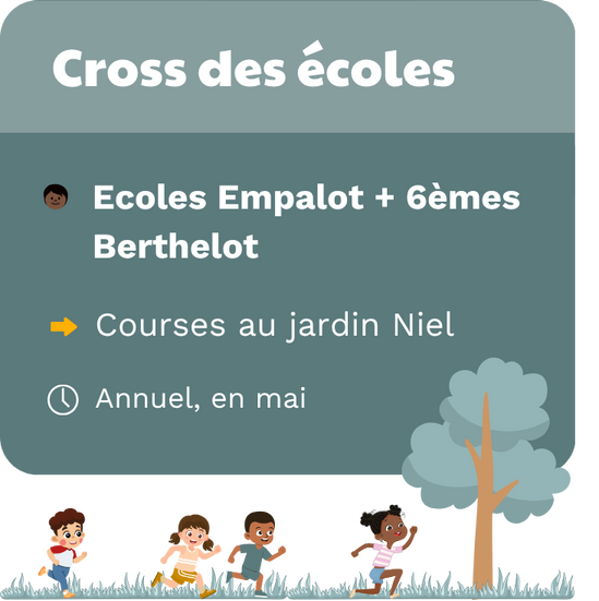Cross des écoles au jardin Niel, pour les écoles Daste et Léo Lagrange et les 6èmes du collège Berthelot. Organisé par la MJC Toulouse Empalot.